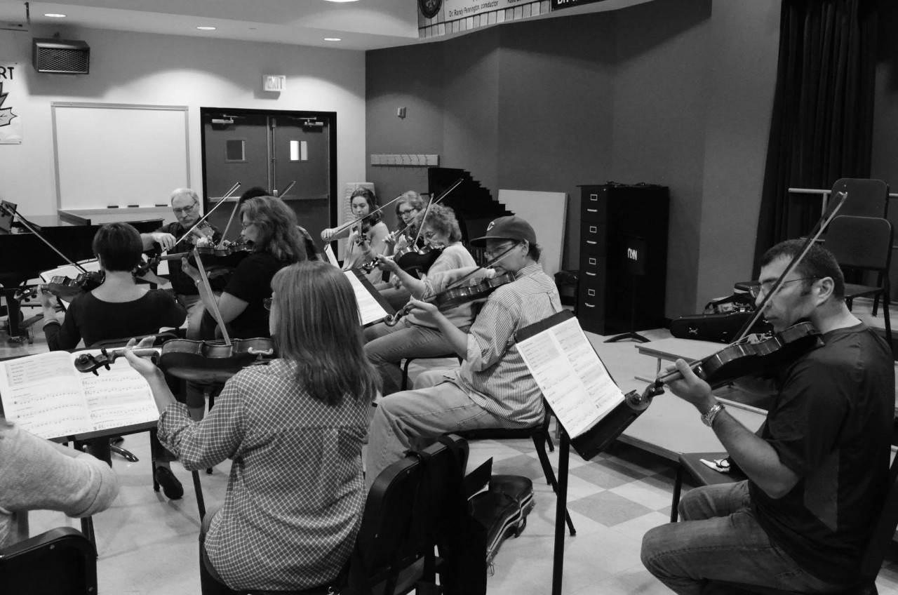 Conductor directing string orchestra