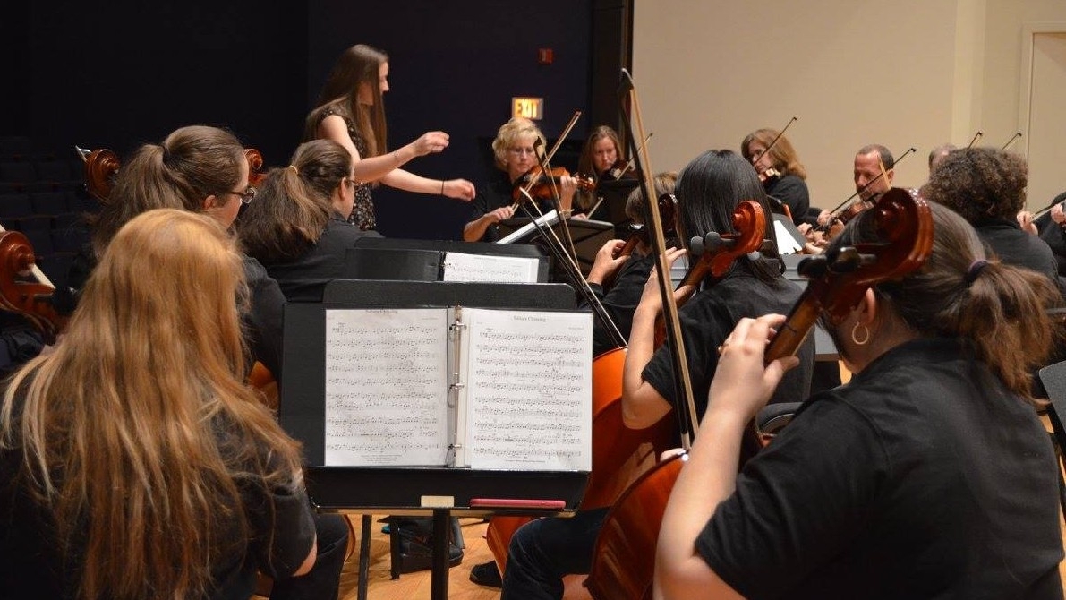 Conductor directing string orchestra