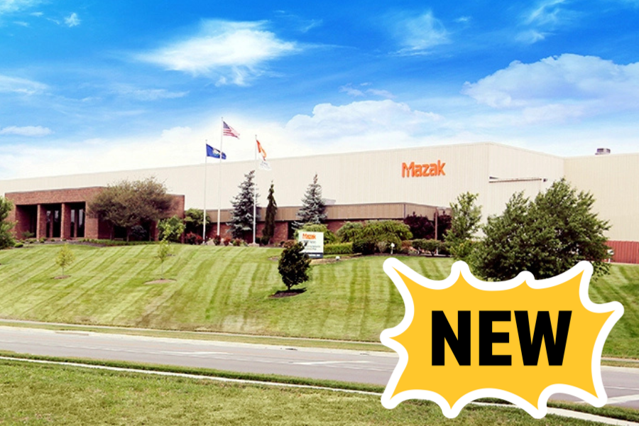 The exterior of the Mazak North American Headquarters. The image includes a callout that says, "NEW," to indicating that it's a new program.