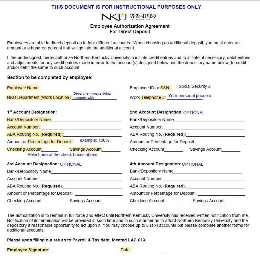 Sample of Direct Deposit form showing which fields to complete