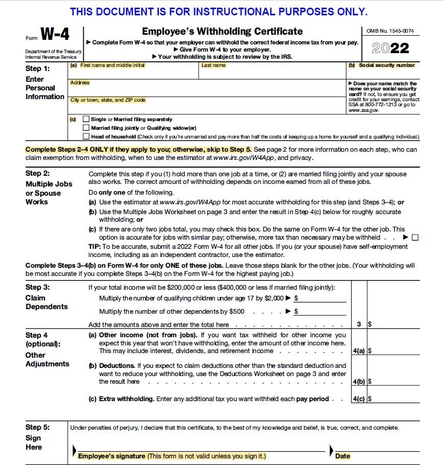 Sample of W-4 form showing which fields to complete