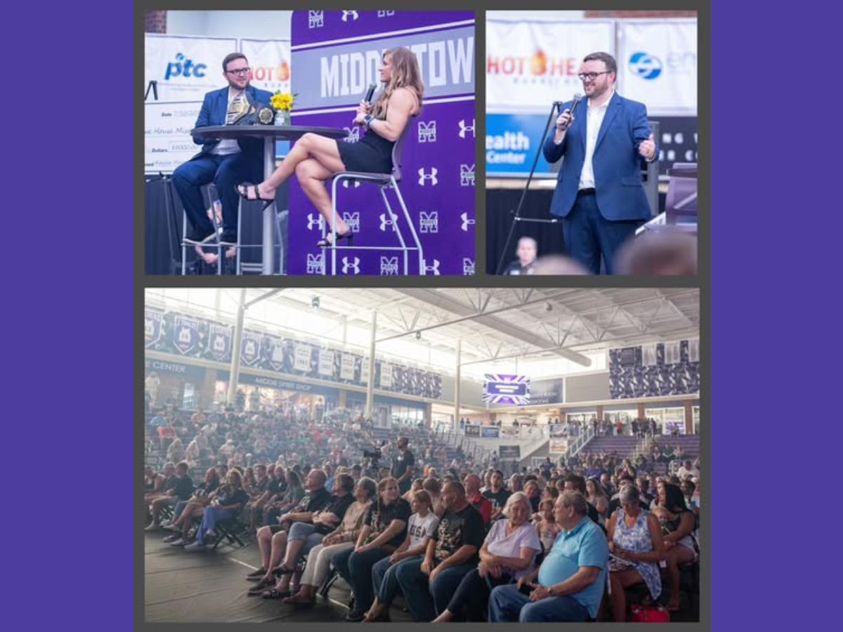 Untitled design - 1 Collage of Clayton Castle interviewing Kayle Harrison on stage, the crowd and Clayton on stage