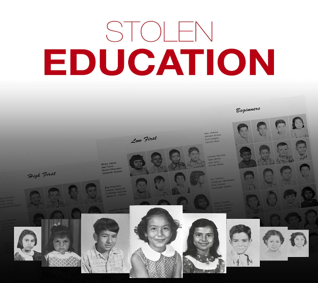 "Stolen Education" film flier with grey-scale images of children