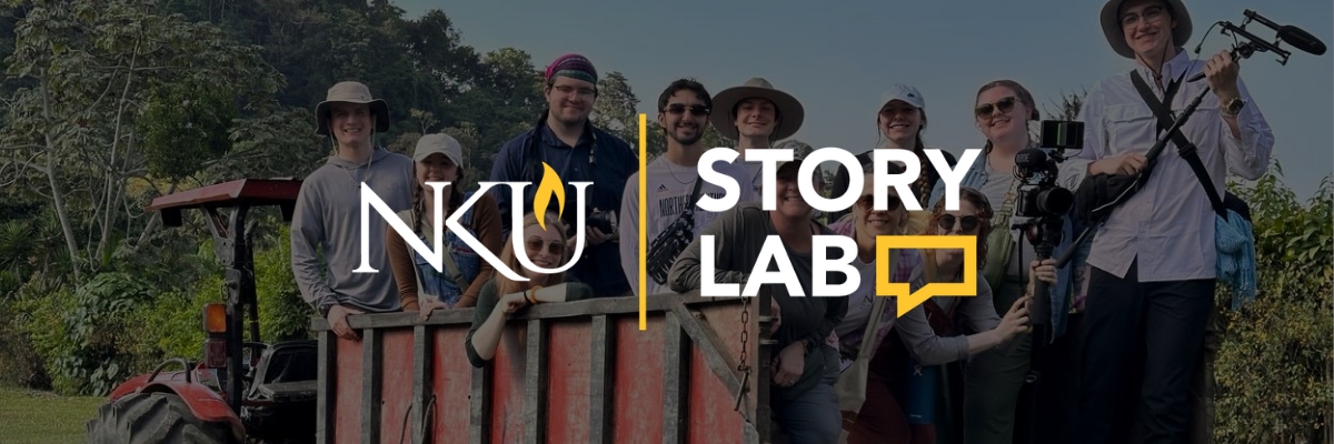 photo of students on study abroad trip with logo of story lab 