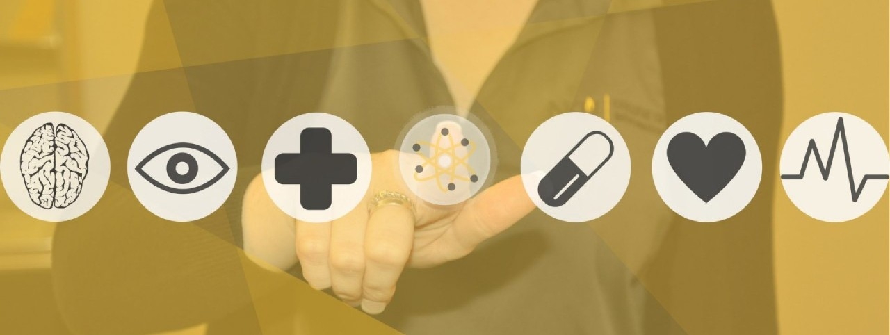 Various health icons with a woman in the background pushing a button on one of the icons.