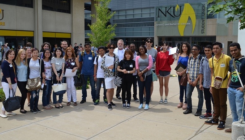 Group of students standing outside of the Student Union at NKU