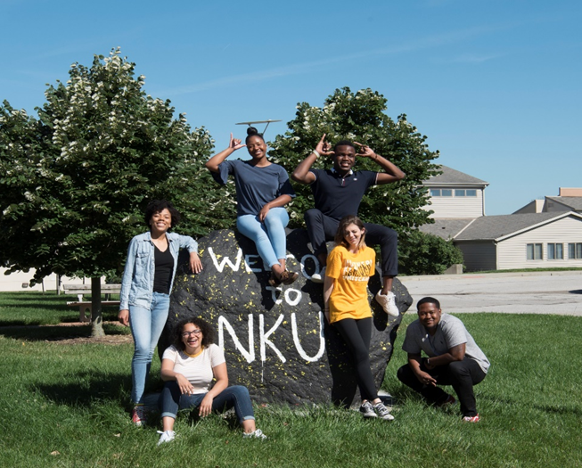 Students around spirit rock