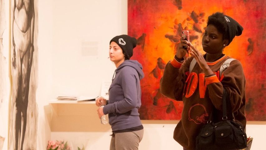 Students view an exhibit in the SOTA gallery