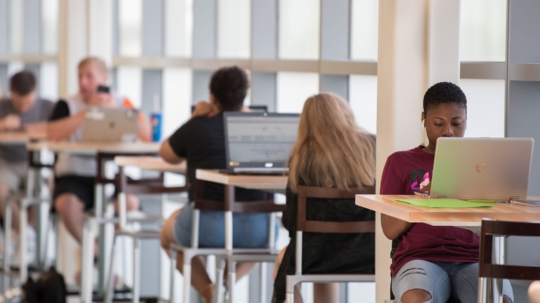 Students at workstations on laptop computers