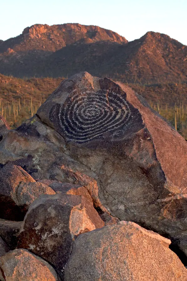 A spiral stone engraving on Signal Hill in Saguaro NationalPark, Arizona, dated 550 to 1,550 years ago.