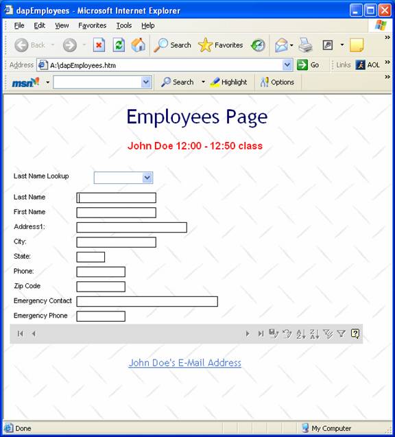 Employees Access Page running in Microsoft Internet Explorer