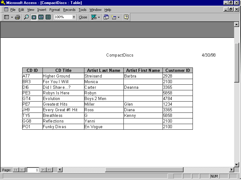 CompactDiscs Table Microsoft Access Window View